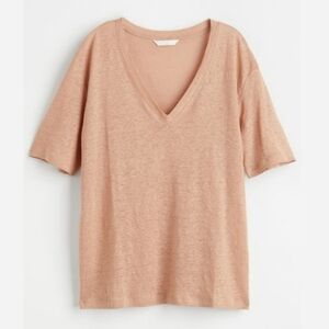H&M Nwt V-Neck Peach Tan 100% Linen Short Sleeve Tee, Basic Closet Staple, M